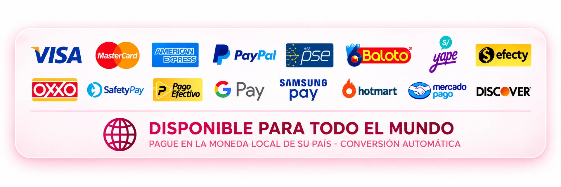 Medios de pago compatibles con Hotmart: tarjetas, PayPal, Pix, PSE, Baloto, Yape, Efecty y pago en la moneda local de tu país