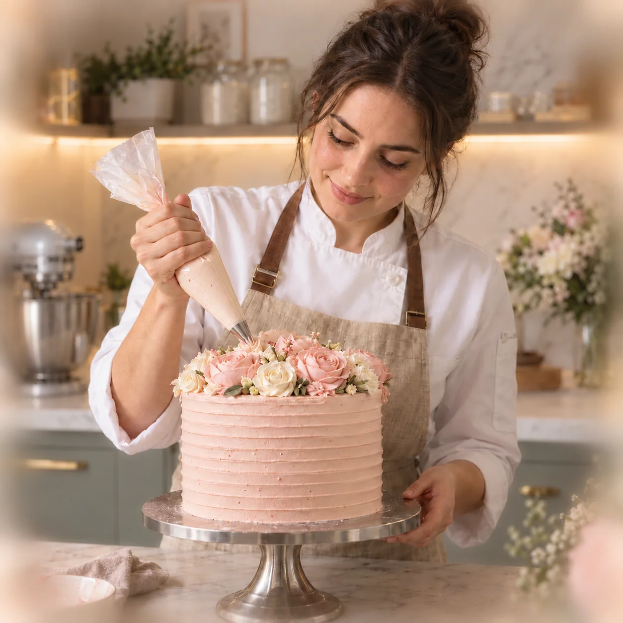 Pastelera decorando un pastel rosa con flores