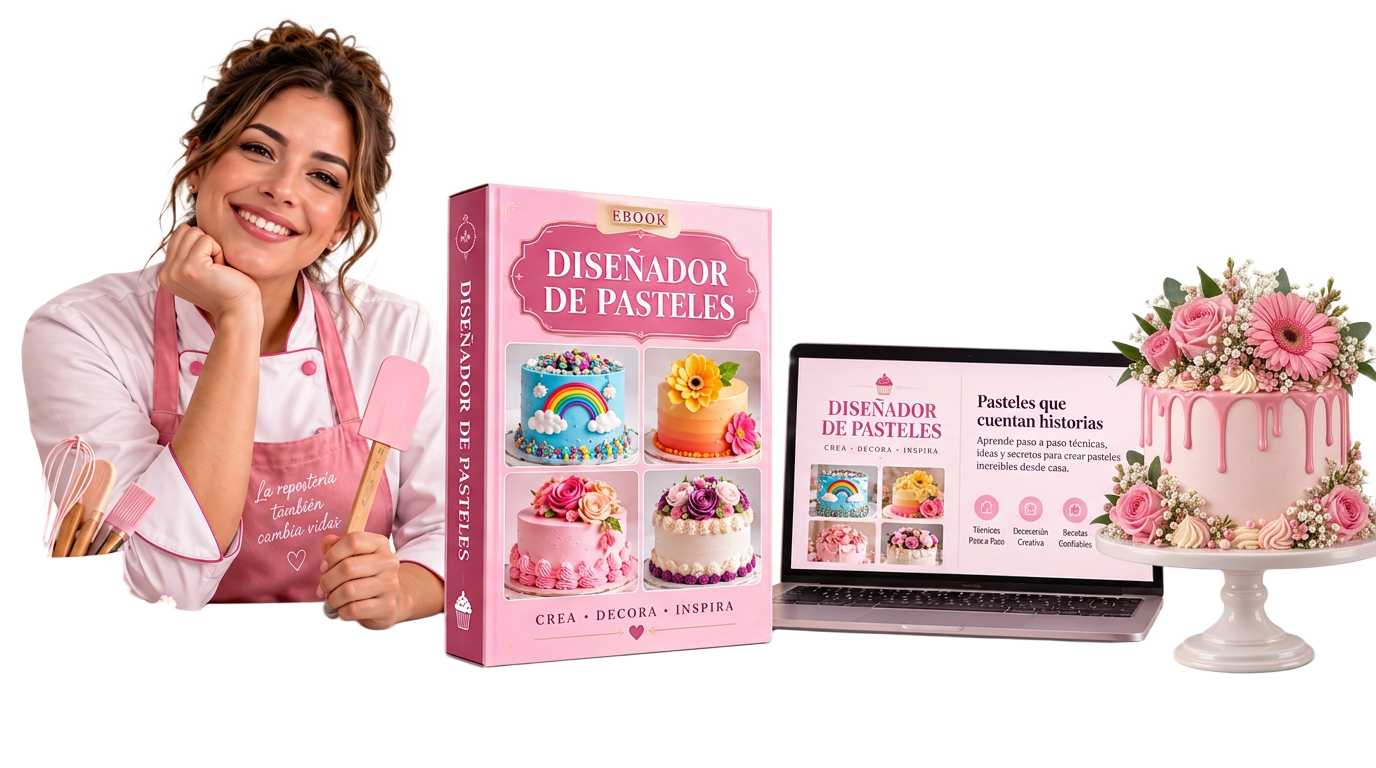 Pastelera sonriente junto al ebook Diseñador de Pasteles, una notebook y una torta rosa floral